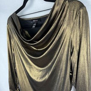 Women’s Style & Co Gold Metallic Stretch Cowl Neck 3/4 Ruched-Sleeve Shirt